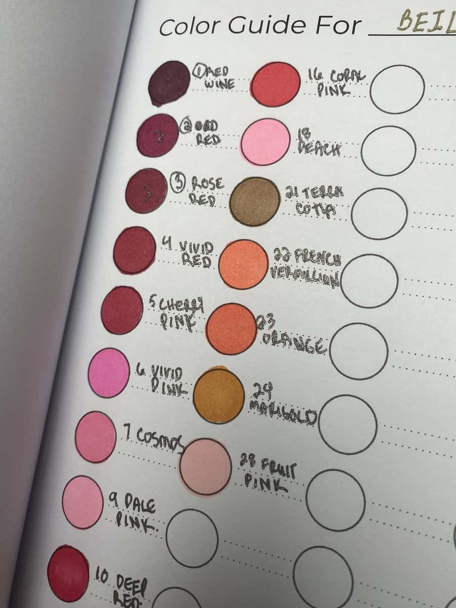 color swatch of alcohol markers. little circles colored in with alcohol markers with their labels directly to the right.