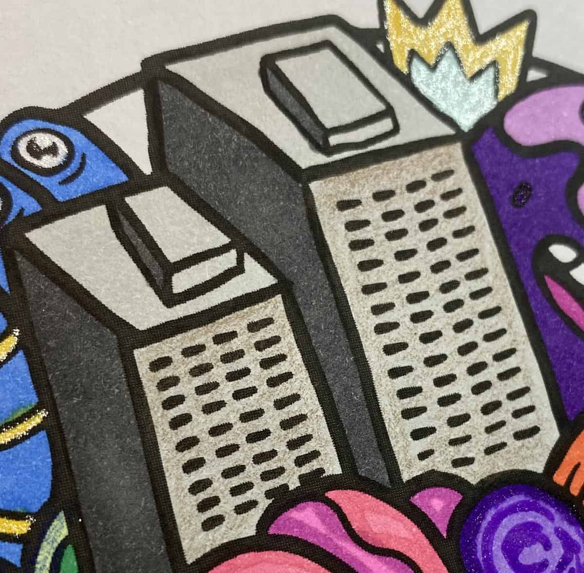 coloring page of two buildings to show how you can add texture with colored pencils