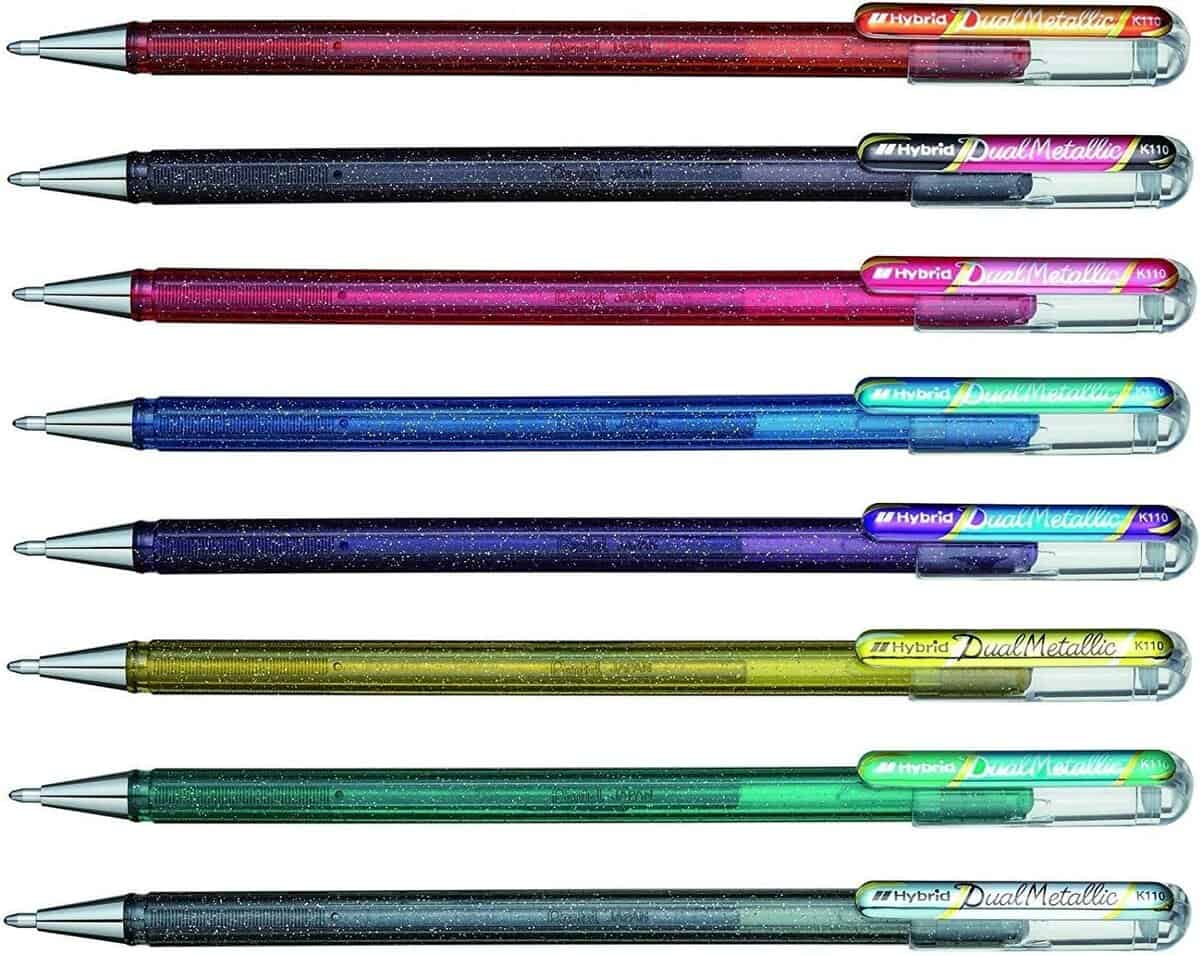 All 8 colors of pentel dual metallic gel pens.